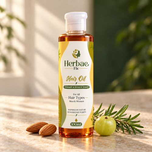 Herbae Fix 100 ml hair oil — illustrative daylight packaging mockup